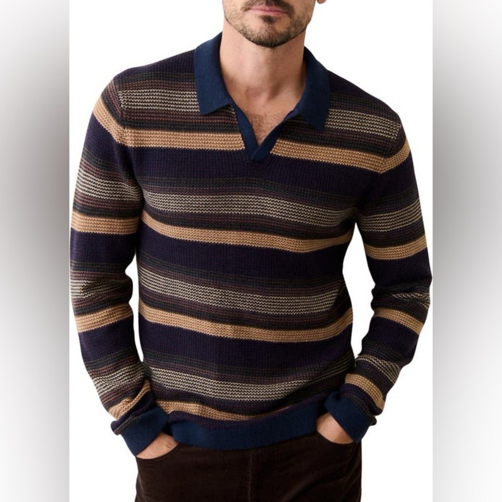 Marine Layer Liam Long Sleeve Sweater Polo in Warm Multi Stripe XL